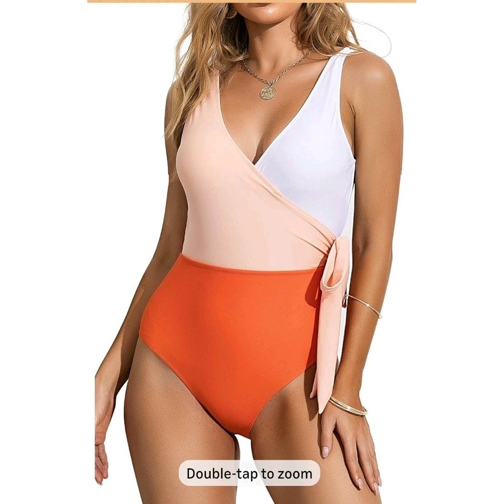 Women's Orange One-Piece Swimsuit, Wrap V Neck Bow Tie White Peach Small (4/6)